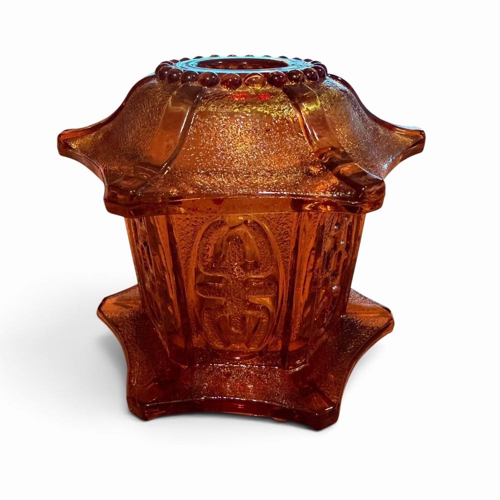 Vintage MCM Amber Glass Pagoda Fairy Lamp Oriental Candle Lantern 2 Piece Honey